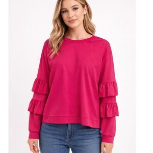 DEX Fuchsia Tiered Ruffle Sleeve Sweatshirt Style Blouse XL NWOT